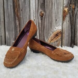 Western Moccasin Clarks Indigo Size 9 Brown Suede Leather Fringe Low Heeled Mocs